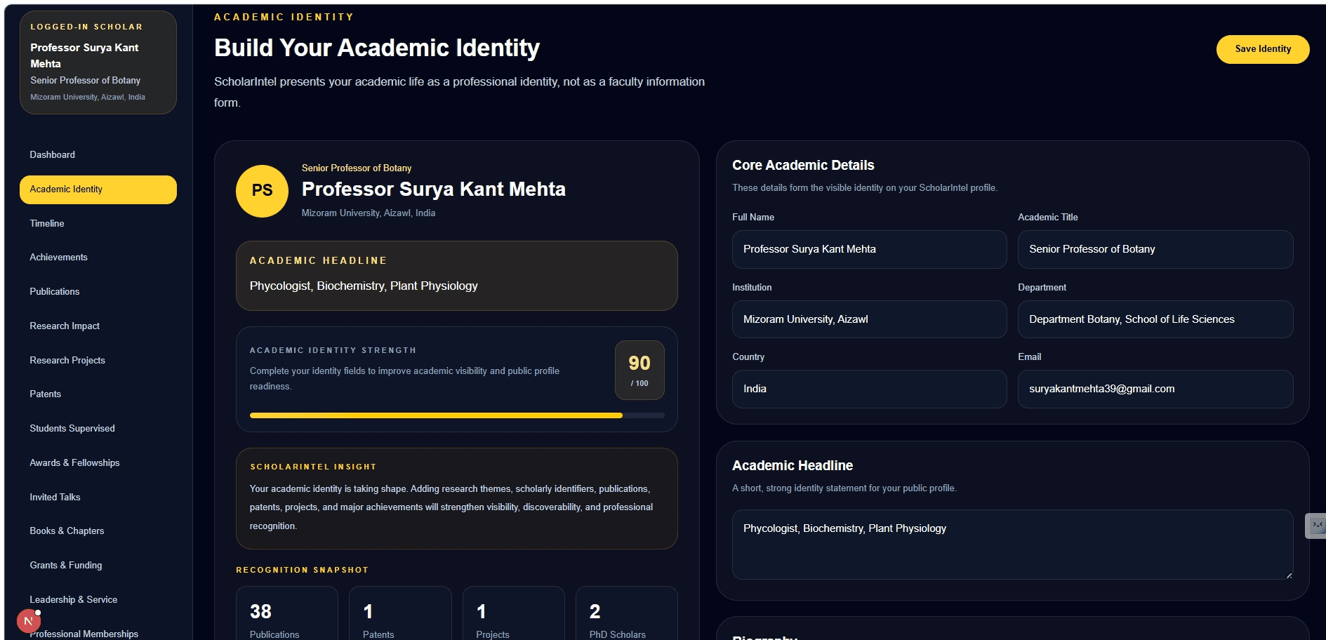 DVS ScholarIntel Academic Identity workspace