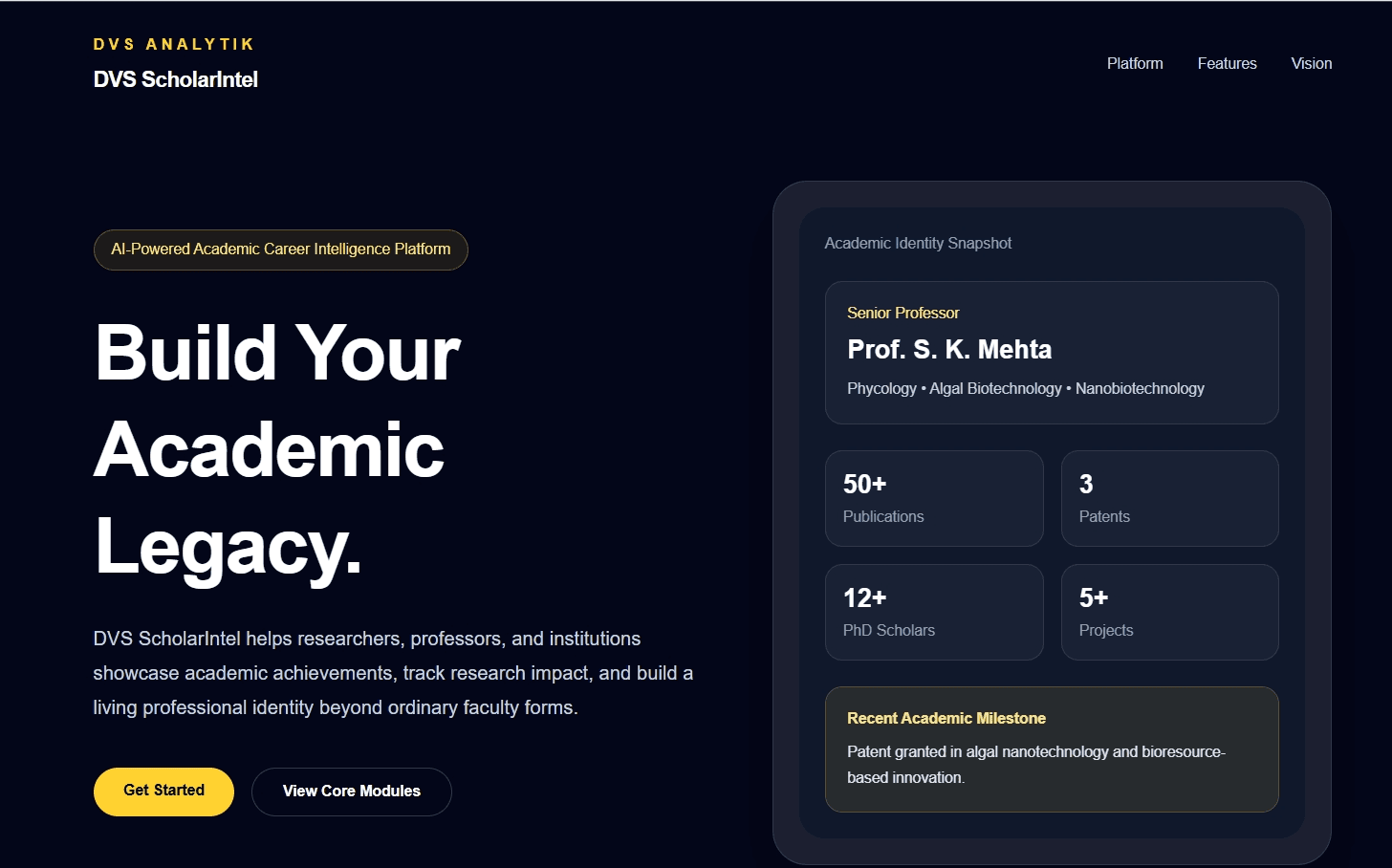 DVS ScholarIntel academic career intelligence platform