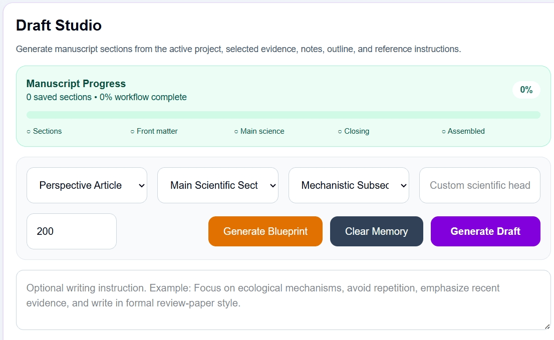 DVS ScholarWriter Draft Studio controls and manuscript progress