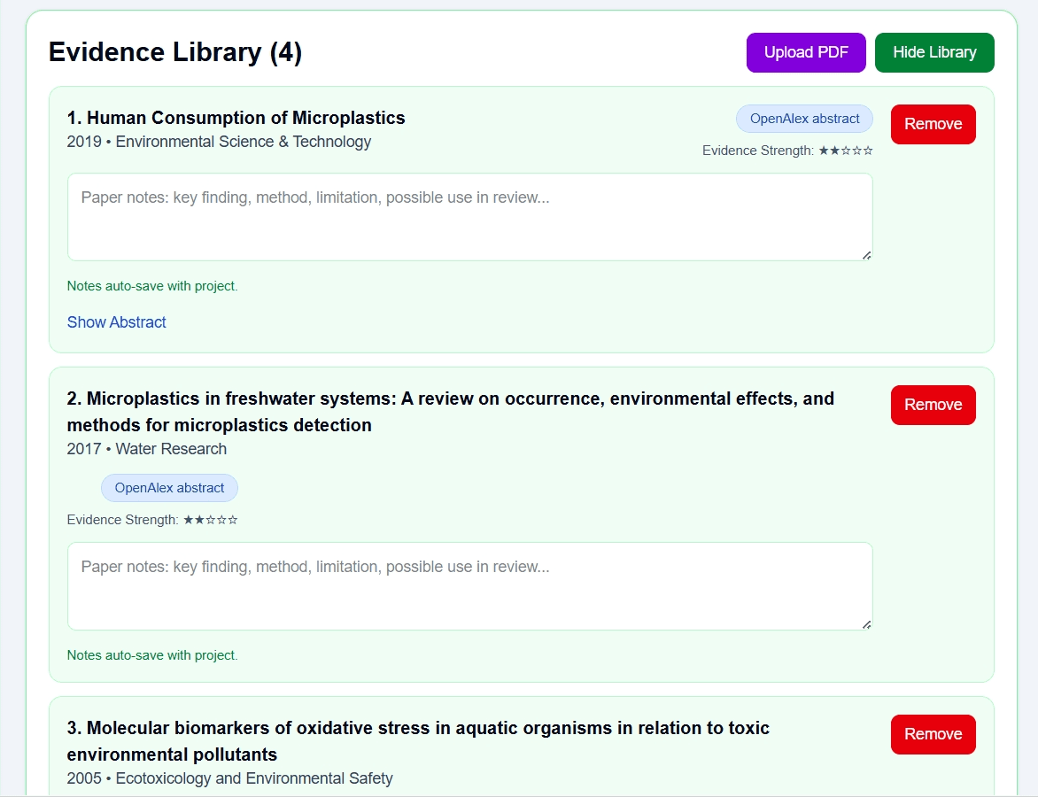 DVS ScholarWriter Evidence Library showing research papers, notes and evidence strength