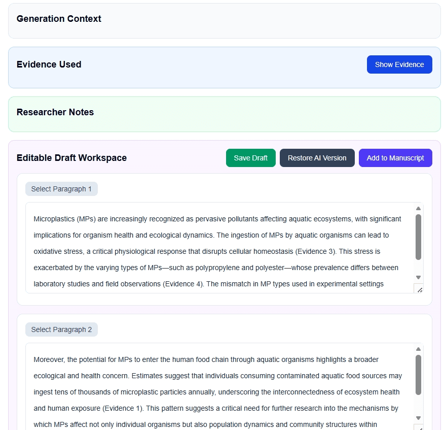 DVS ScholarWriter editable scientific draft workspace