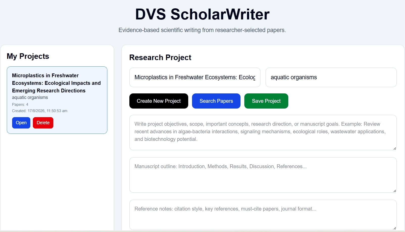 DVS ScholarWriter research project workspace